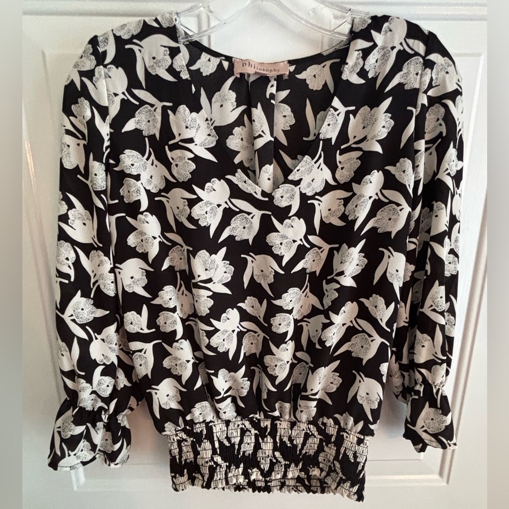 Philosophy Floral Blouse Women XS Black White Smocked Waist Long Sleeve